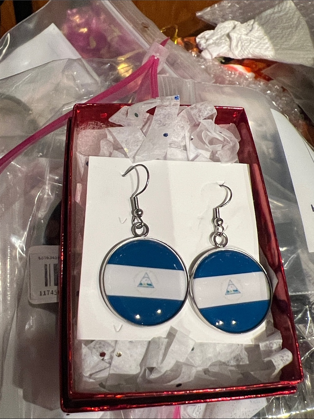 Round Blue & White Flag-Inspired Dangle Earrings
